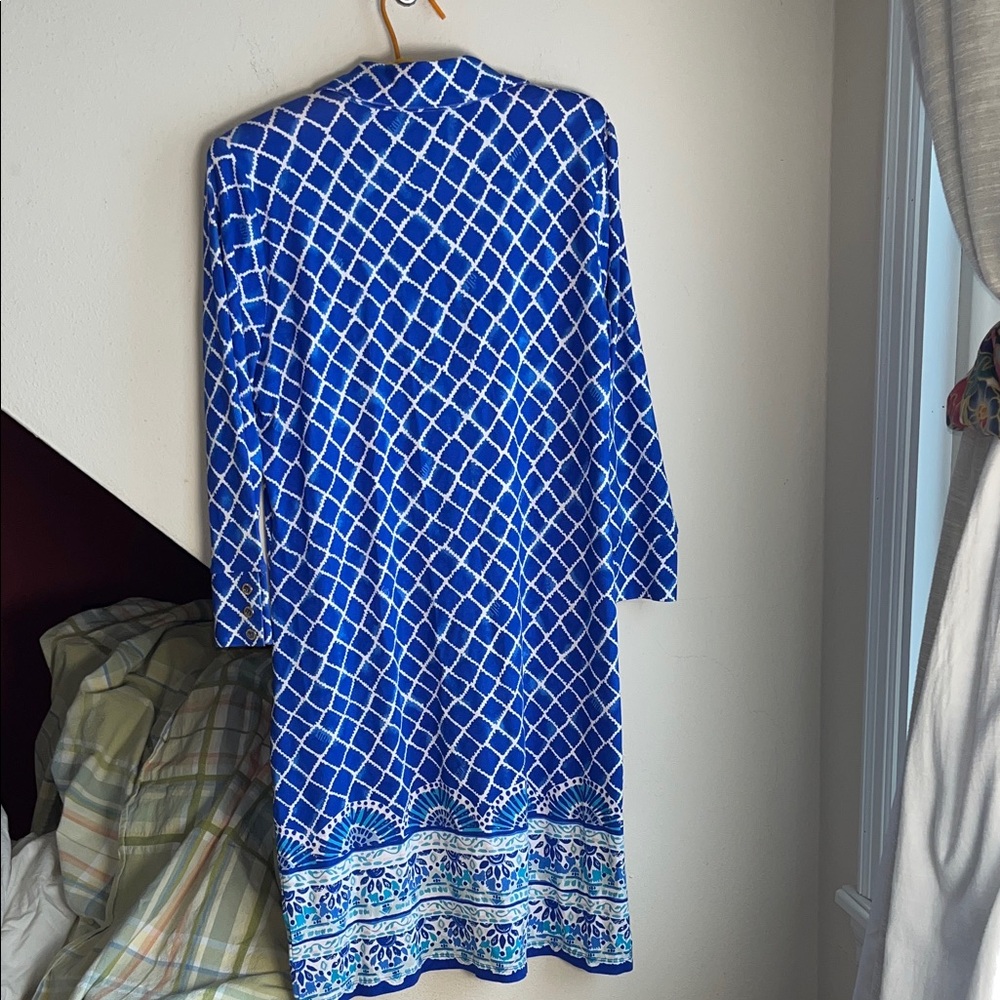Lilly Pulitzer Blue and White Diamond‎ Trellis Resortwear Rayon Dress L - Picture 3 of 8